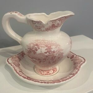 Antique red toile & cream pitcher & plate small size early American